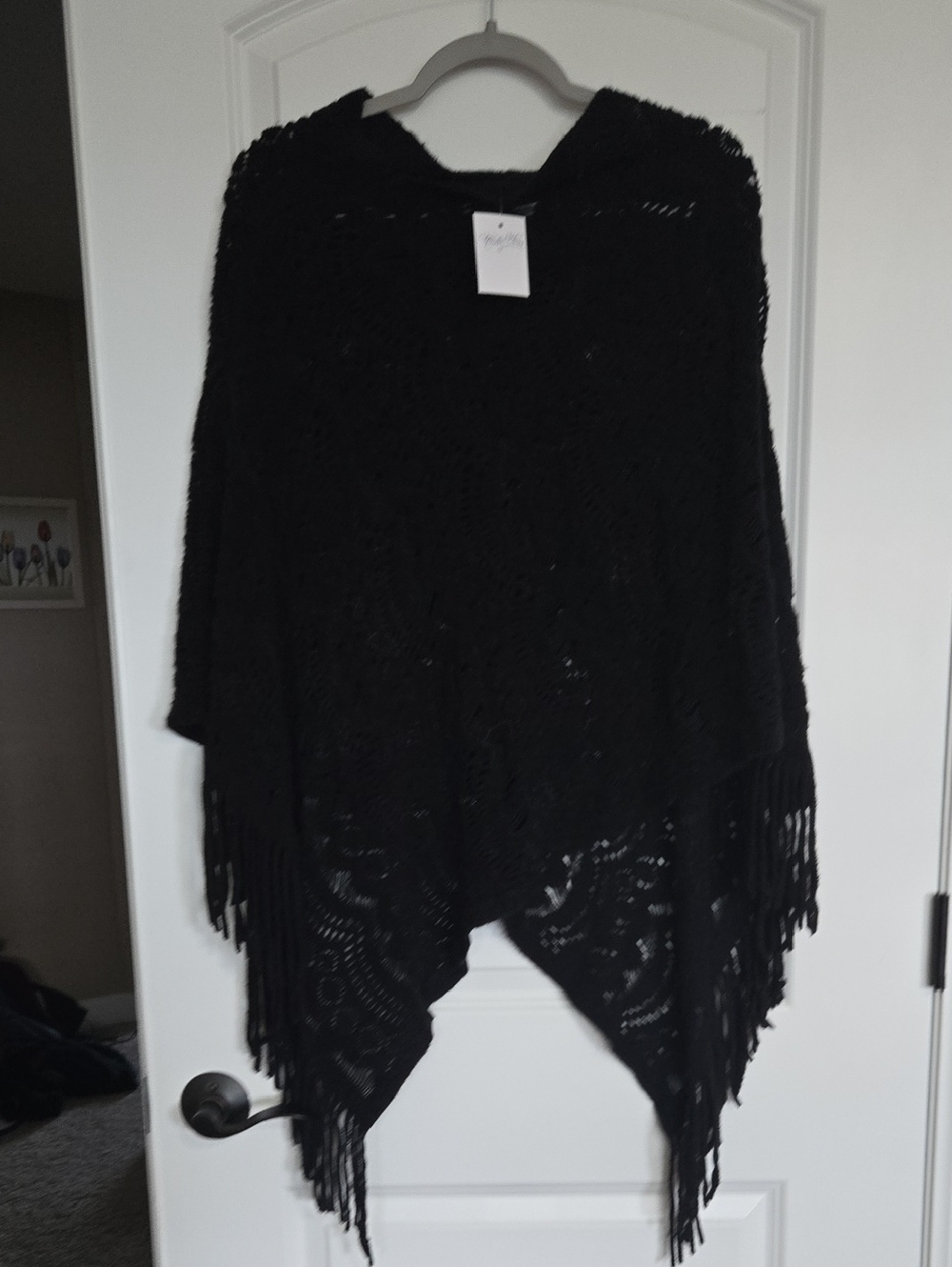 Black Women's Fringe Knit Poncho Sweater